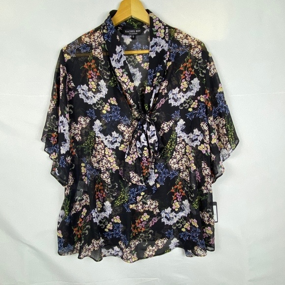 Rachel Roy Collection Women's Sz XL Black Floral Semi- Sheer Blouse Top Tie neck - Picture 1 of 9